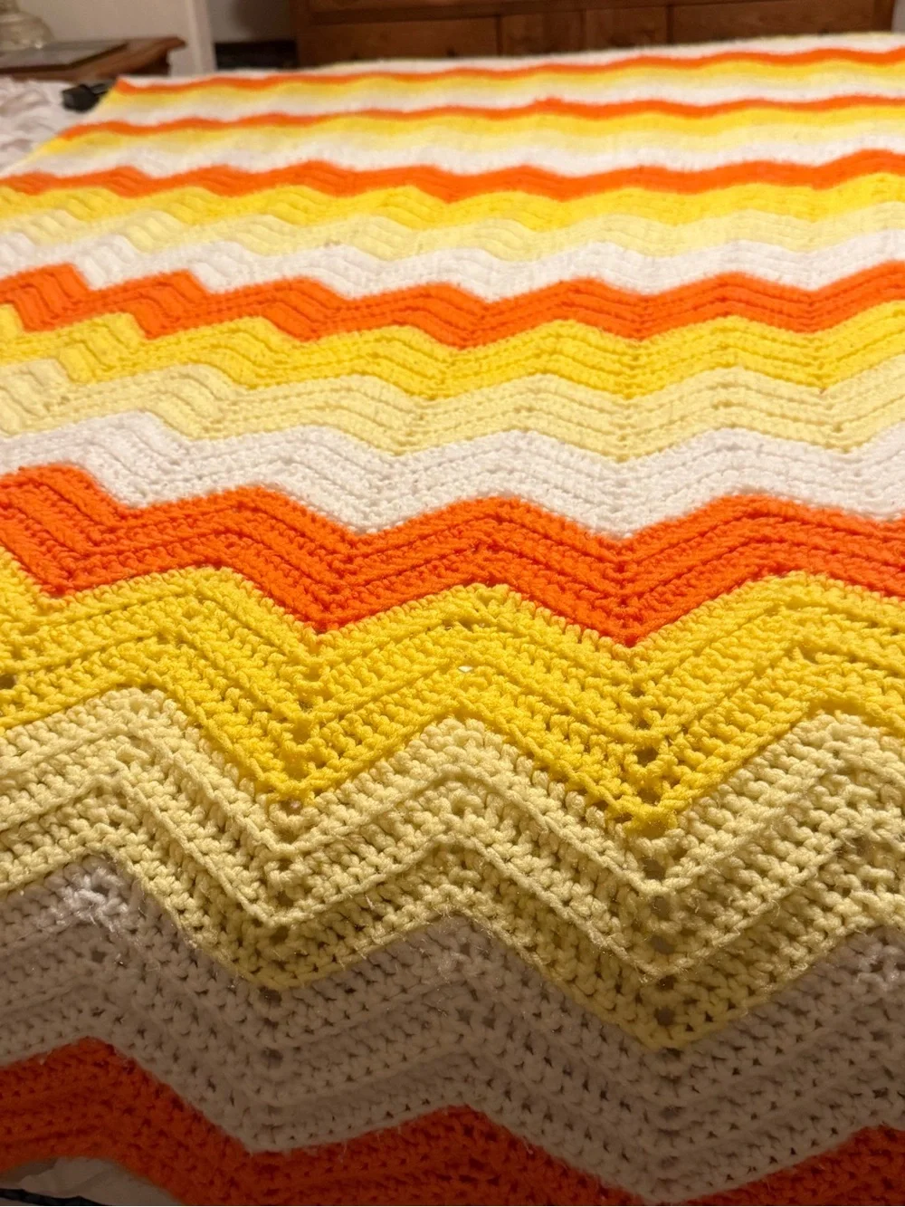 Vibrant Handmade Chevron Crochet Throw Blanket - Orange, Yellow & White Vintage